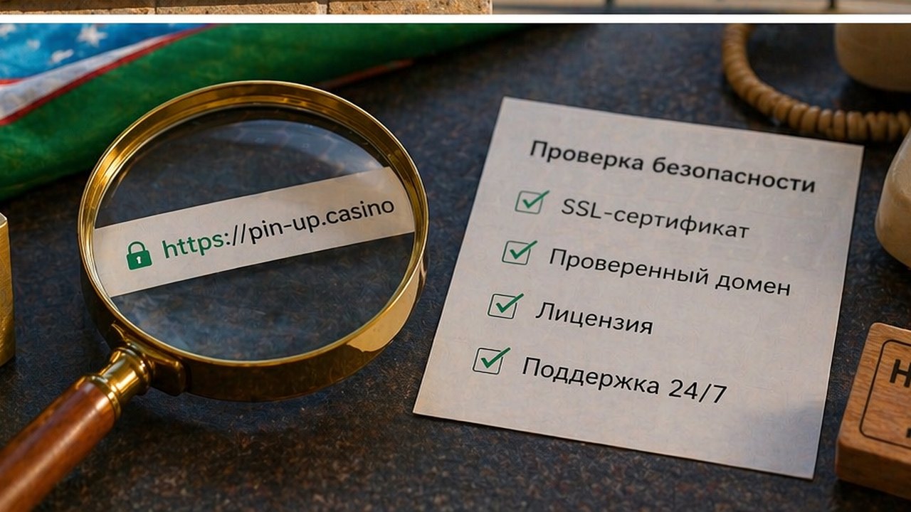 Отдельная сцена с замком, лупой, доменом, SSL и поддержкой для проверки безопасности официального сайта Pin Up Casino в Узбекистане